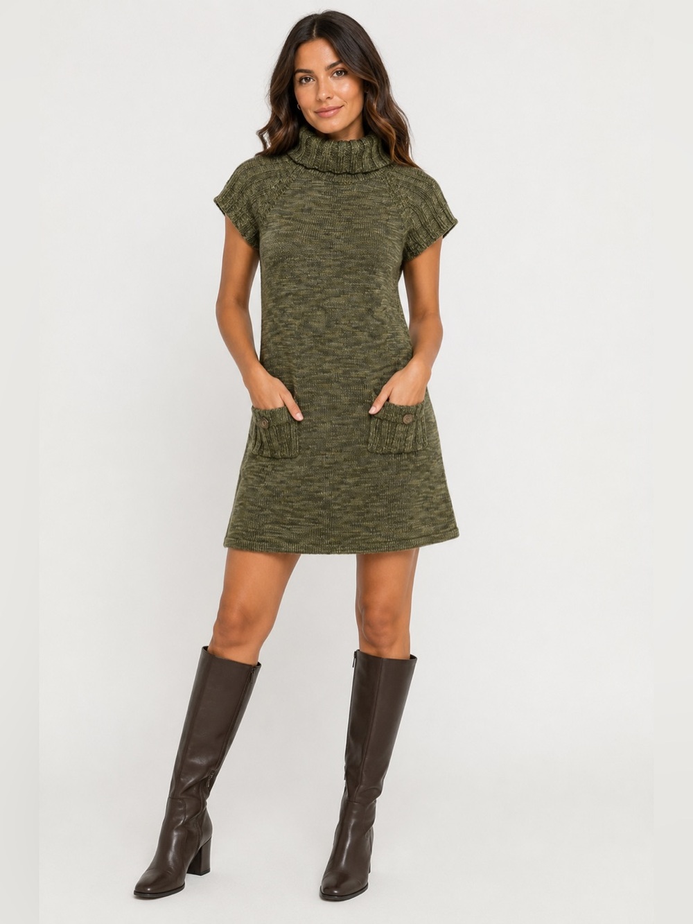 Calvin Klein Sweater Dress Acrylic Sleeveless Green Turtleneck Pockets